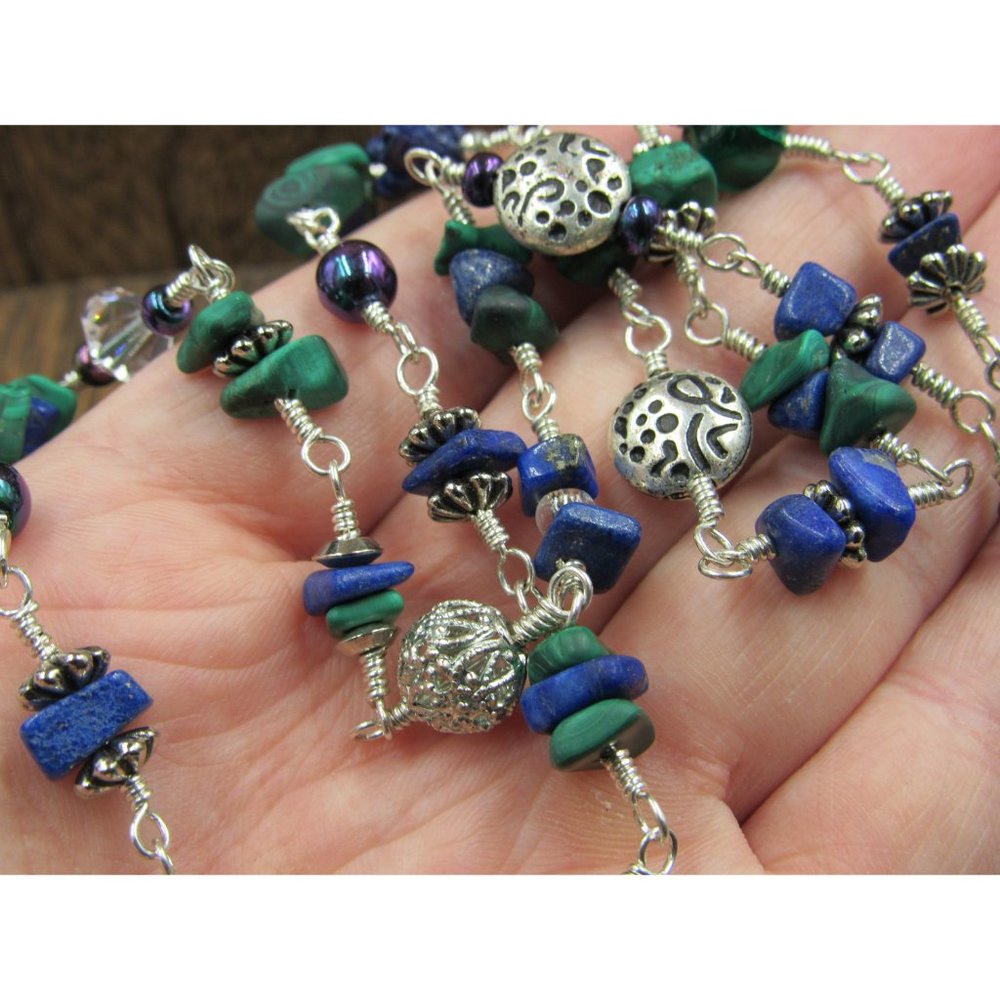 20" Sterling Silver Malachite Lapis Lazuli Sun Pendant Necklace Vintage - Picture 5 of 9